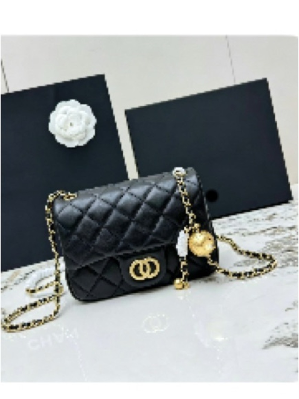 Black Quilted Chain Shoulder Bag with Gold Hardware